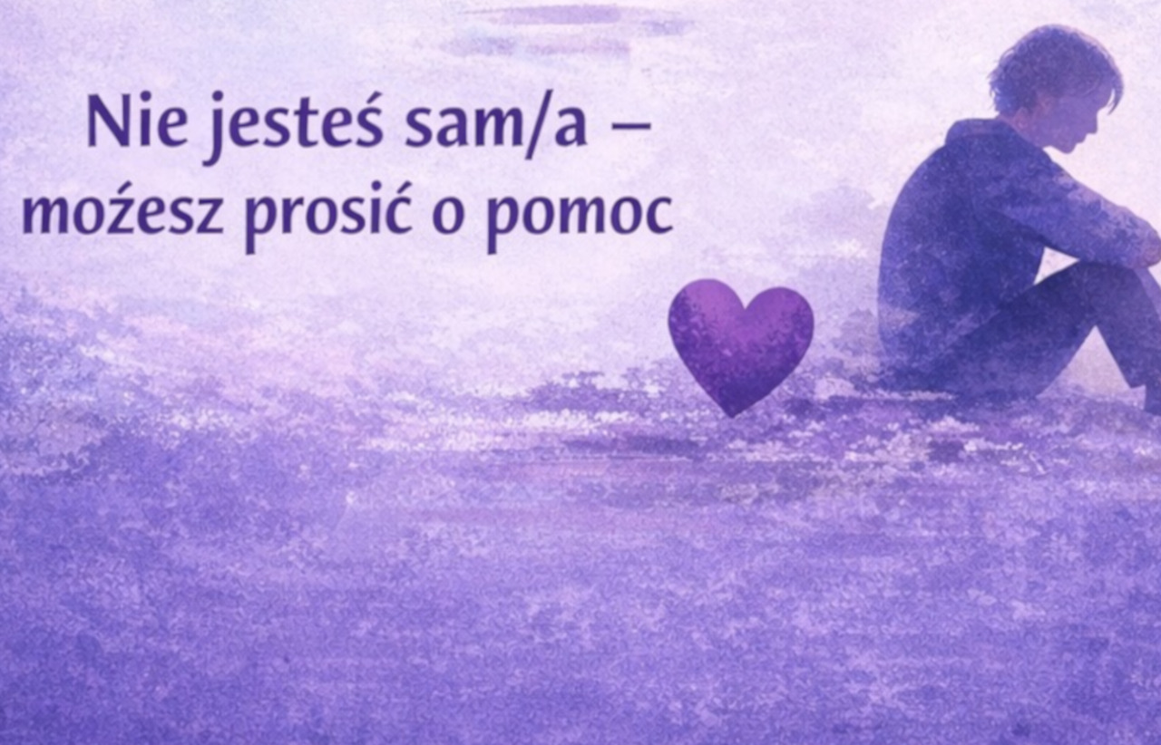 Obrazek na fioletowym tle, chłopiec siedzi na ziemi, obok napis - Nie jesteś sam/a możesz prosić o pomoc